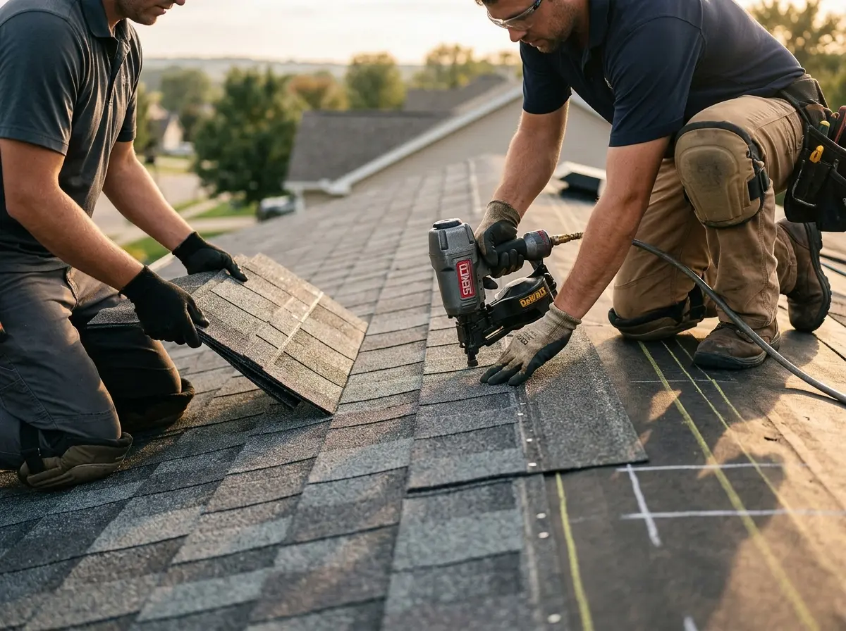 Professional roofer working on a residential roof in Milltown